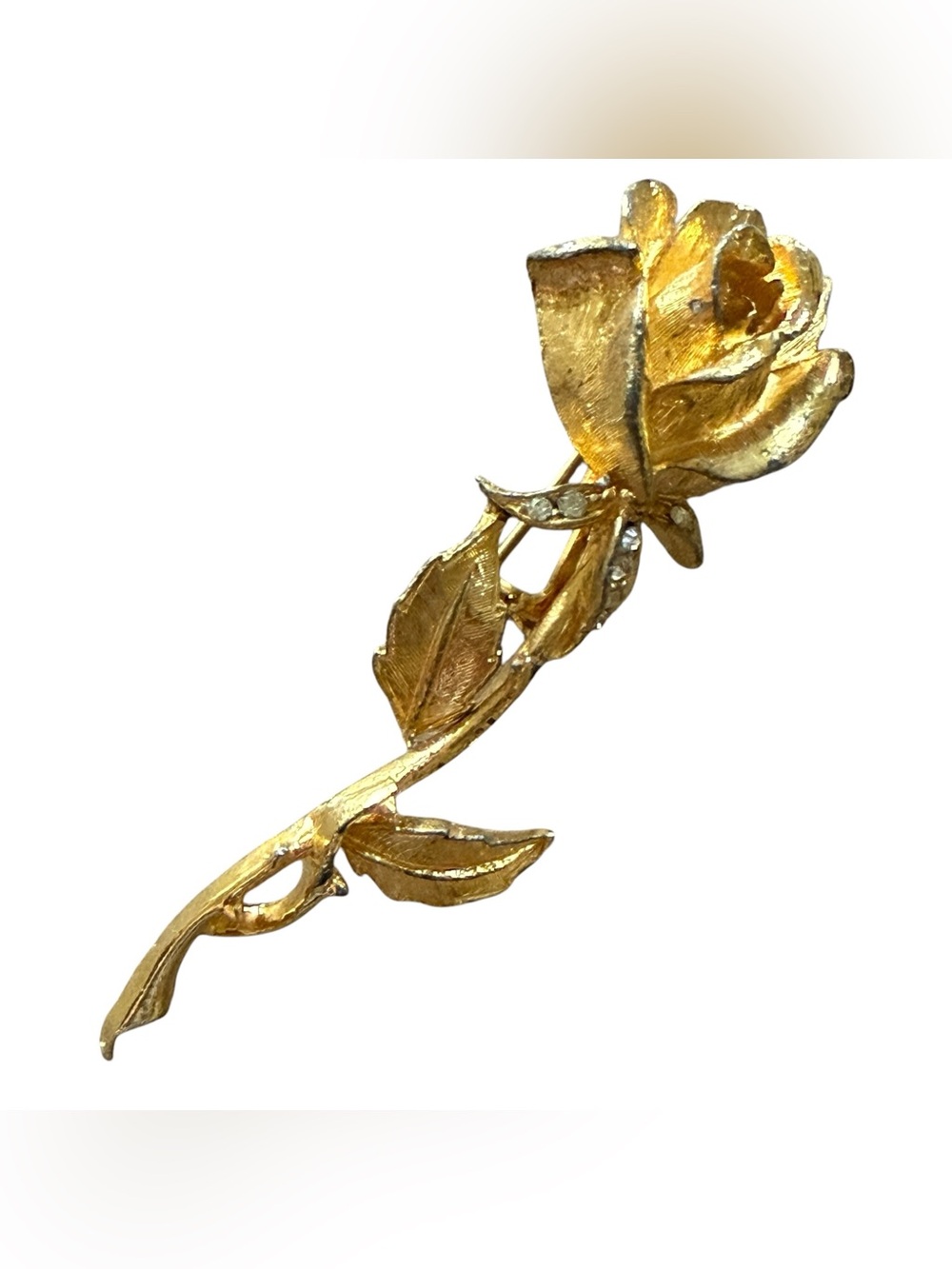 Vintage Gold Tone Long Stem Rose Brooch Pin With White Rhinestone Detail